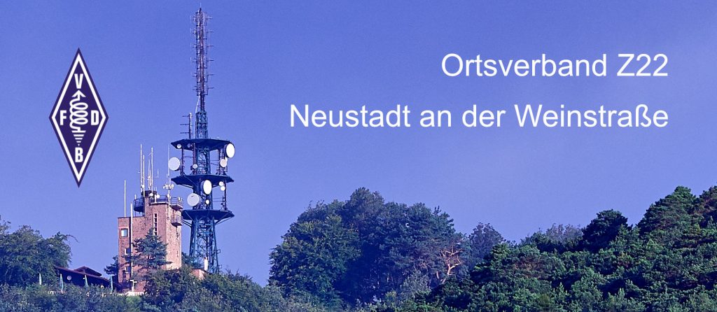 Text im Bild: Ortsverband Z22 Neustadt an der Weinstraße. Das Bild zeigt die
Kalmit mit Turm und Sendemast.